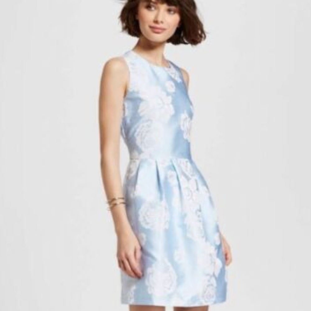 Alison Andrew’s Sleeveless Light Blue Floral Jacquard Dress